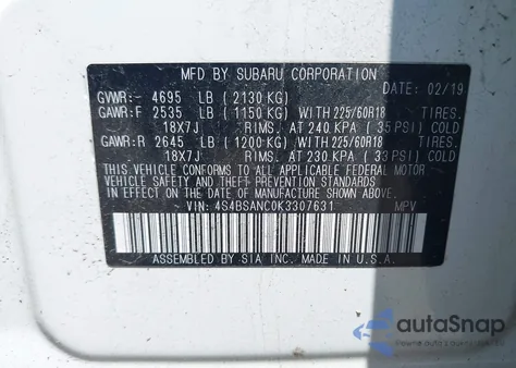 2019 Subaru Outback 2.5I Limited from USA, damaged, VIN 4S4BSANC0K3307631
